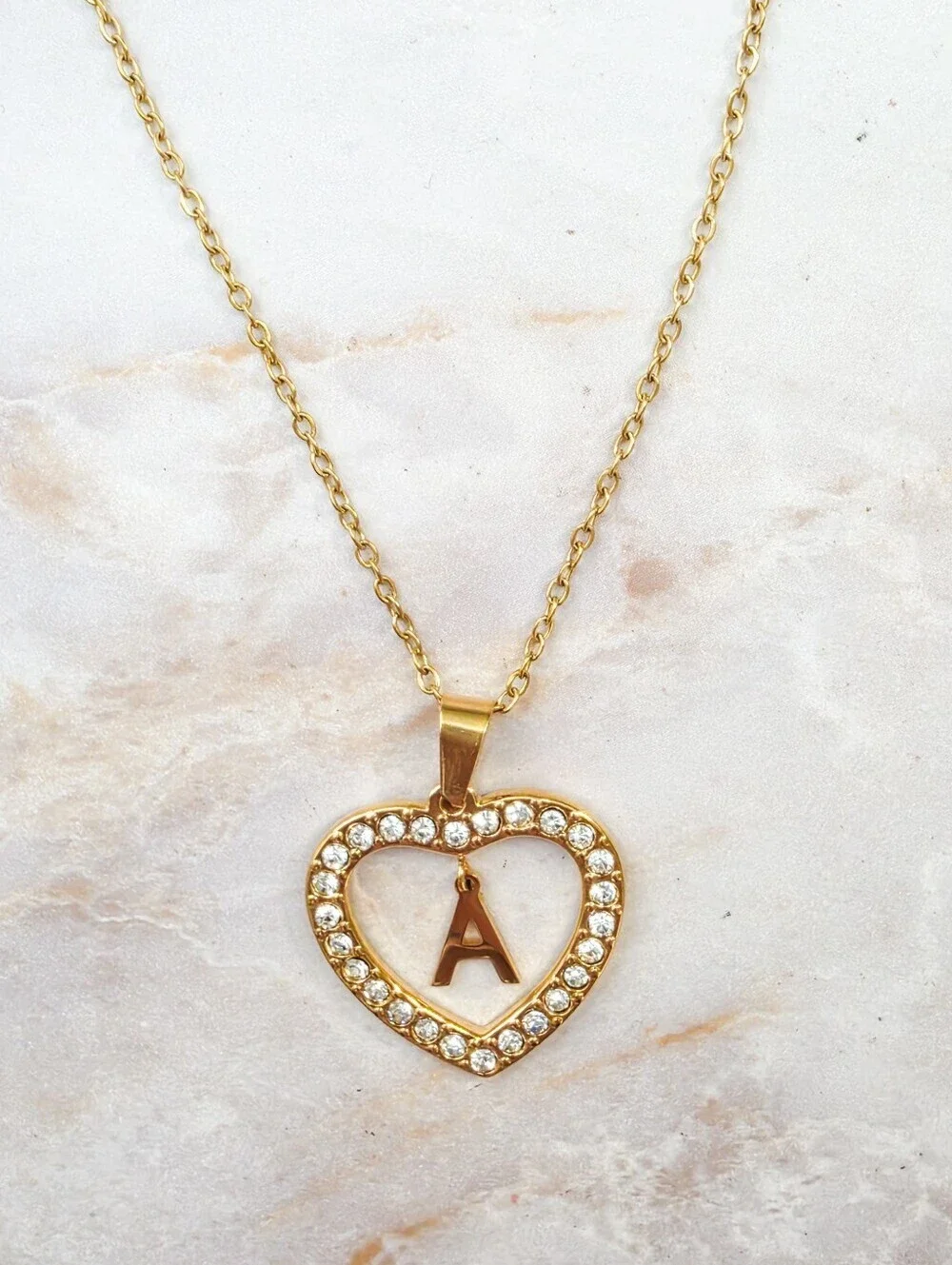 Gold Initial A Heart Rhinestone Necklace Stainless Steel Personalized Gift